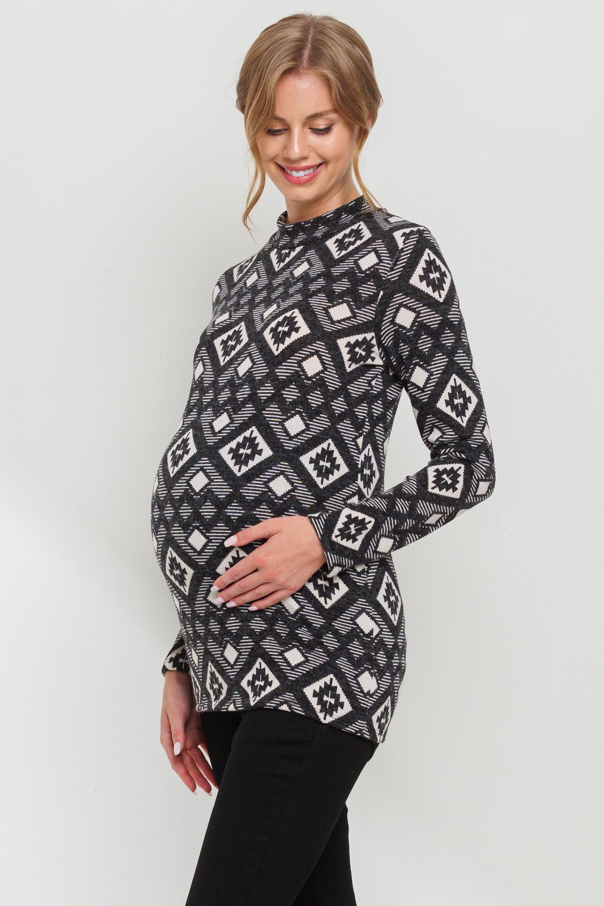 Black Mock Neck Print Long Sleeve Maternity Top