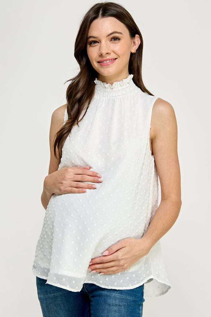 Off White Double Layer Smocked Neck Textured Maternity Blouse
