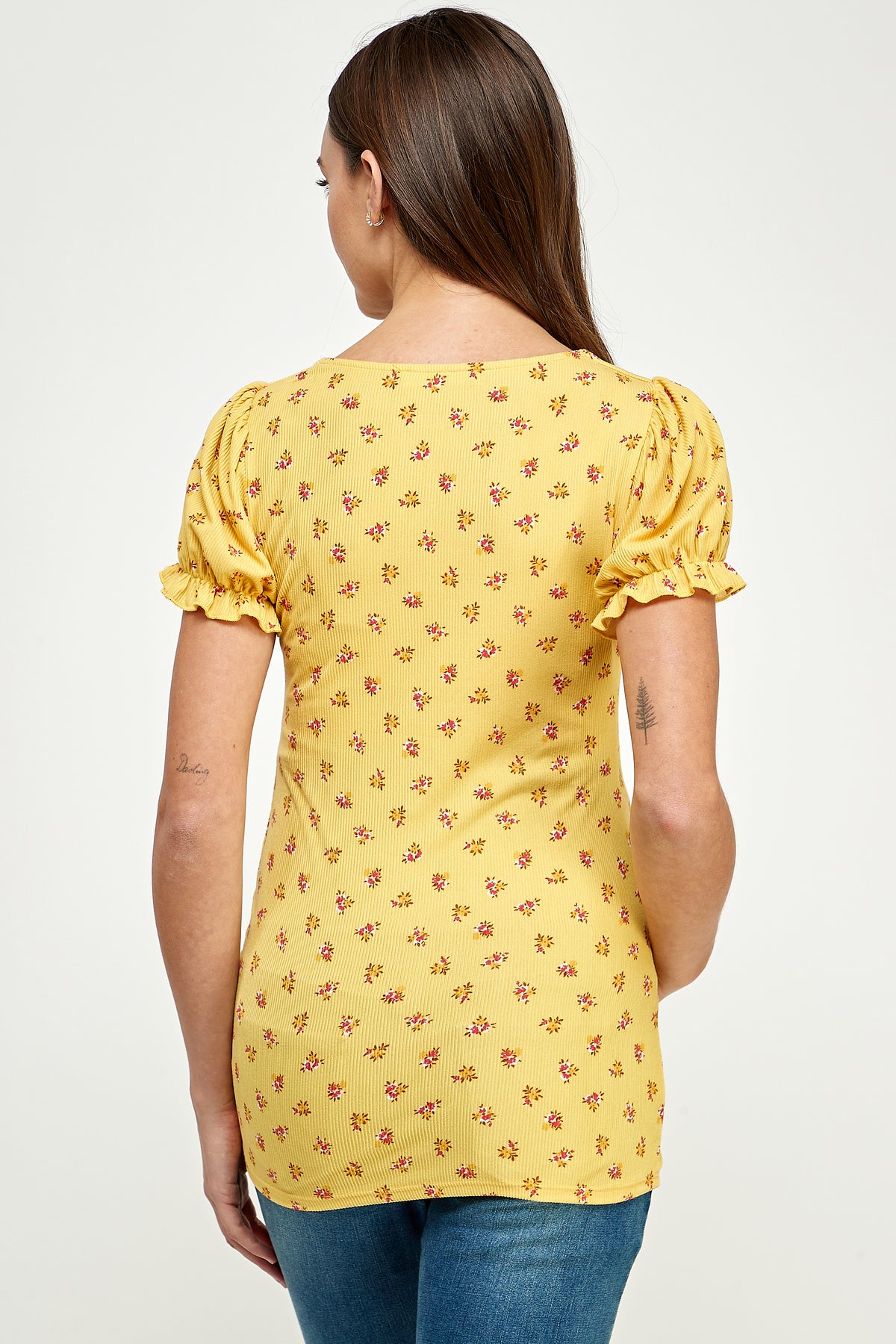 Yellow Floral Sweetheart Puff Sleeve Maternity Top