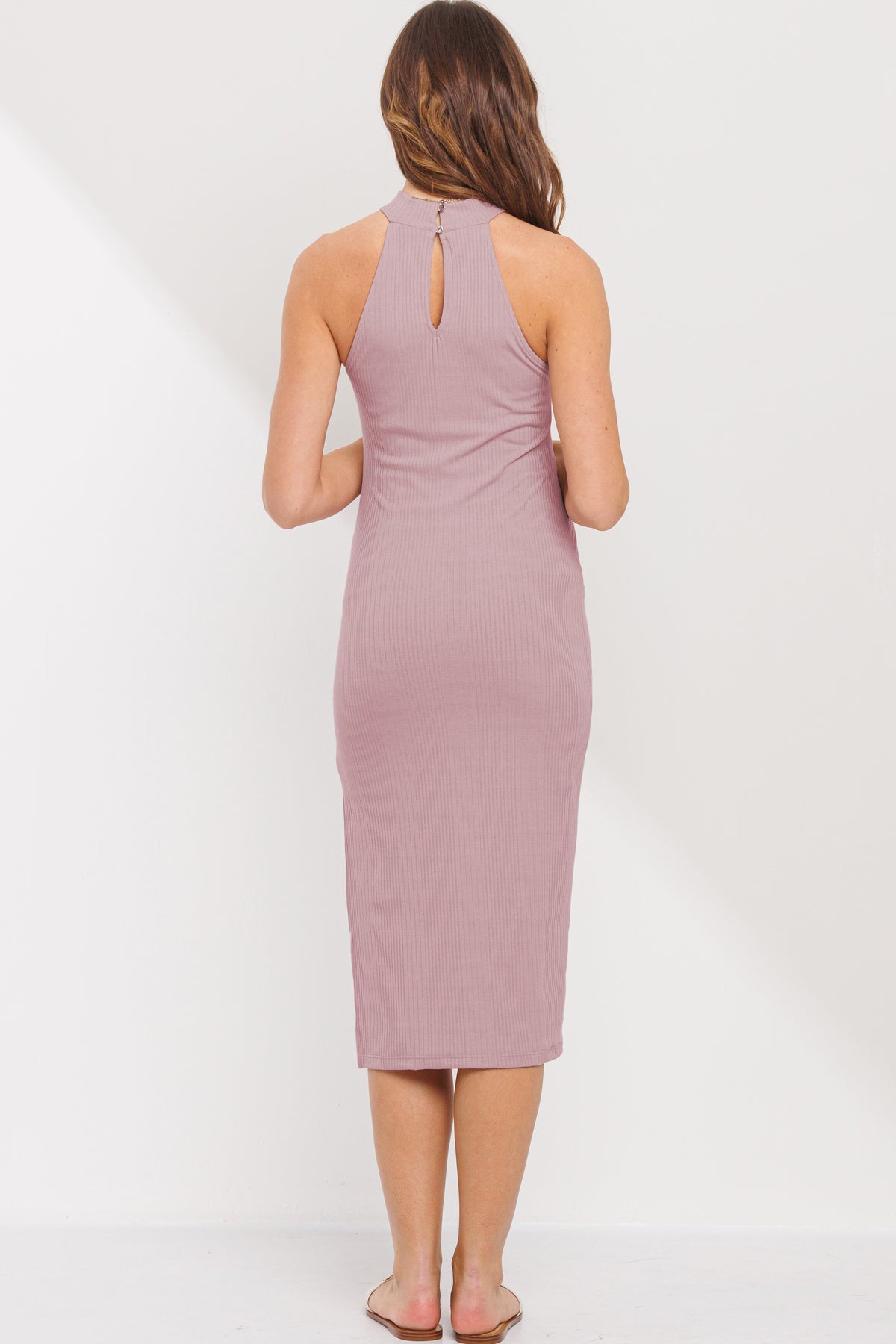 Mauve Halter Maternity Midi Dress with Side Slit and Keyhole Back
