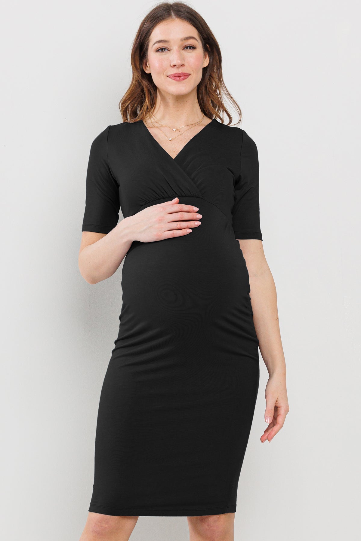 Black Basic V-Neck Short Sleeve Midi Maternity Dress