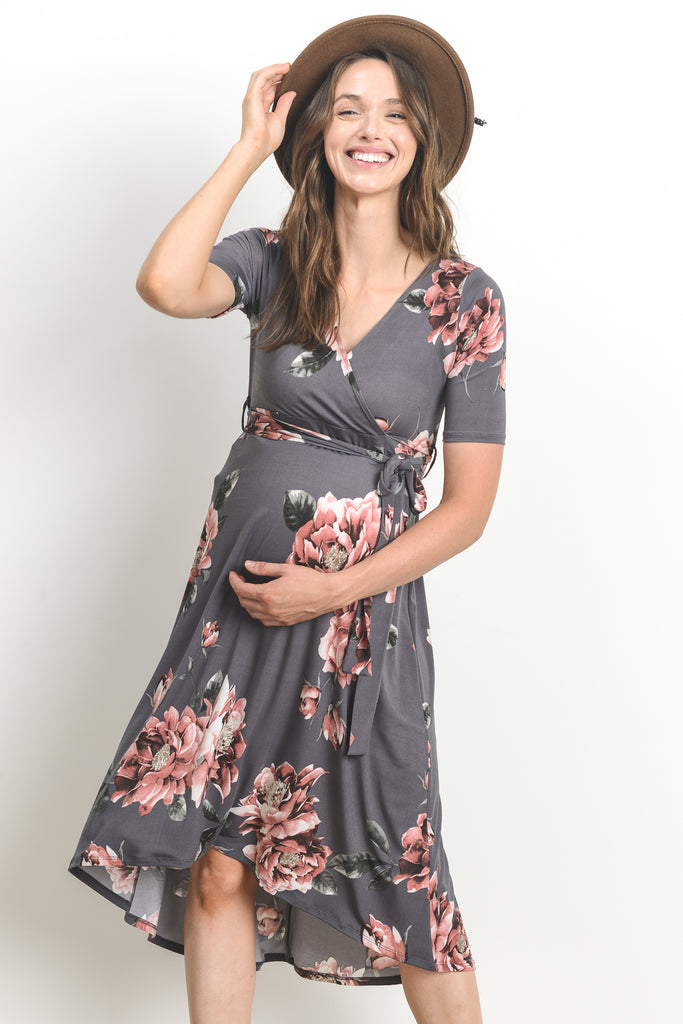 Grey Floral High Low Faux Wrap Maternity & Nursing Dress