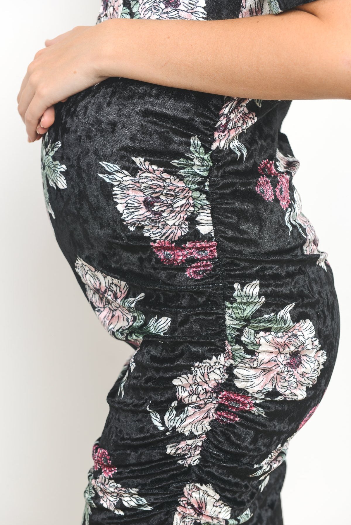 Black Floral Velvet Maternity Scoop Neck Dress