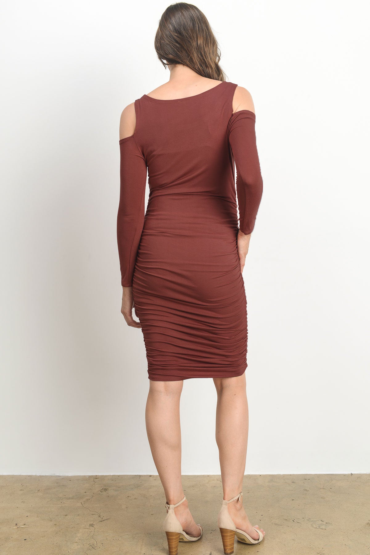 Red Brown Solid Cold Shoulder Bodycon Maternity Dress