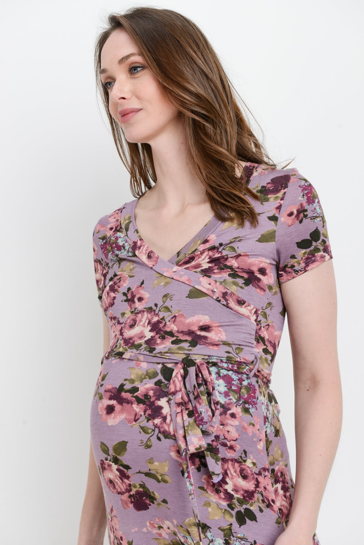 Mauve Floral Short Sleeve Maternity & Nursing Maxi Dress