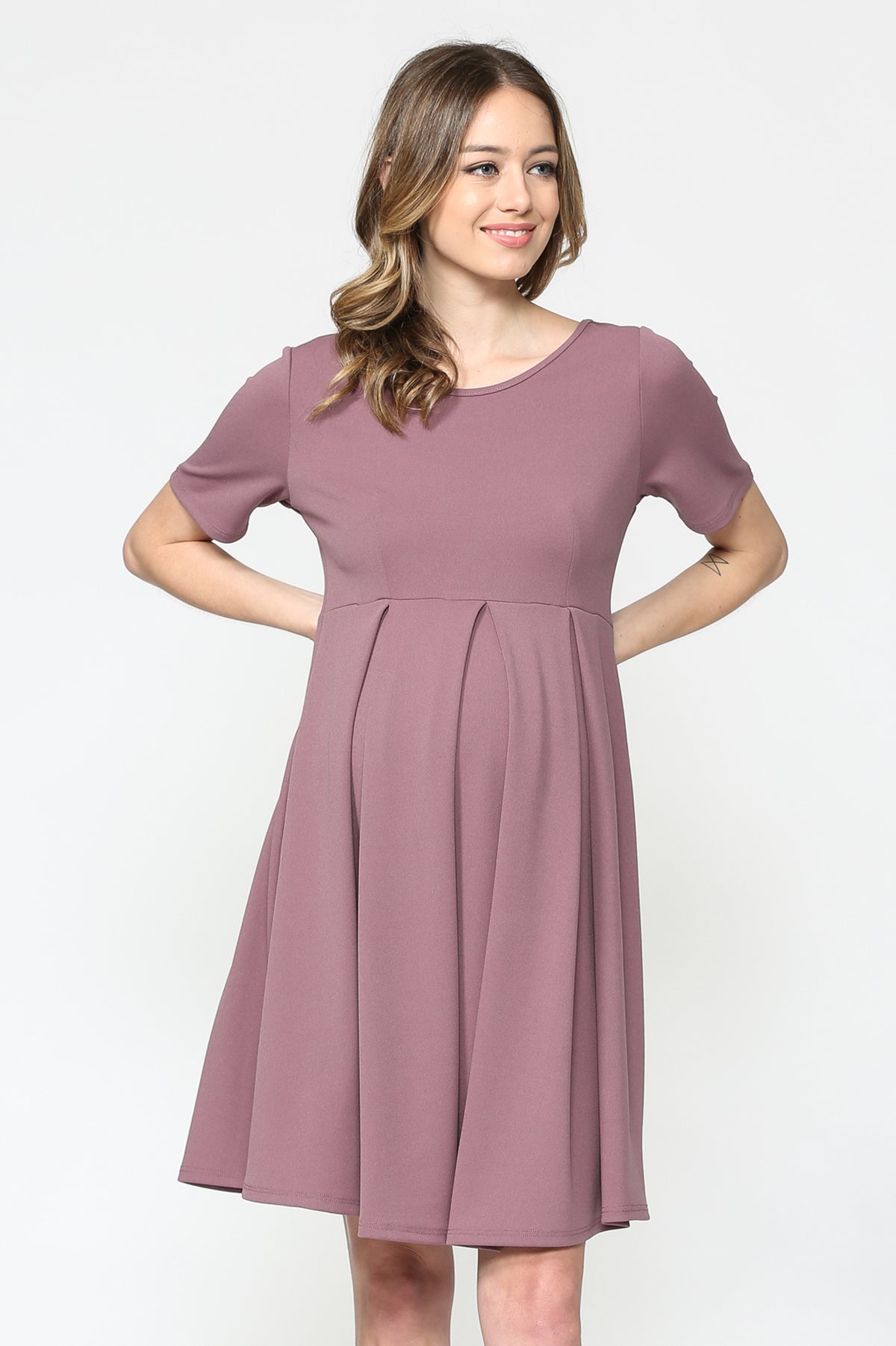 Mauve Pleat Round Neck Maternity Swing Dress