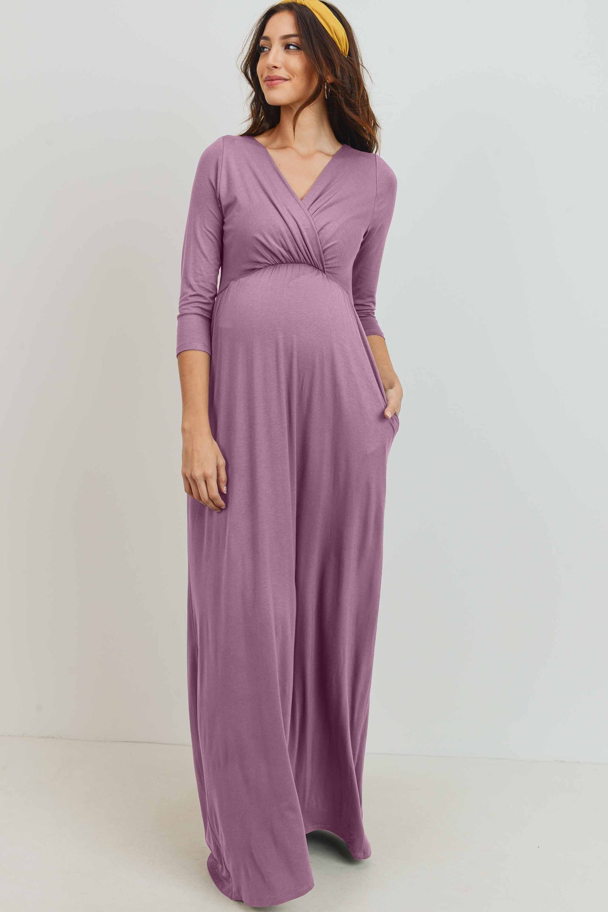 Mauve 3/4 Sleeve Surplice Maternity/Nursing Maxi Dress