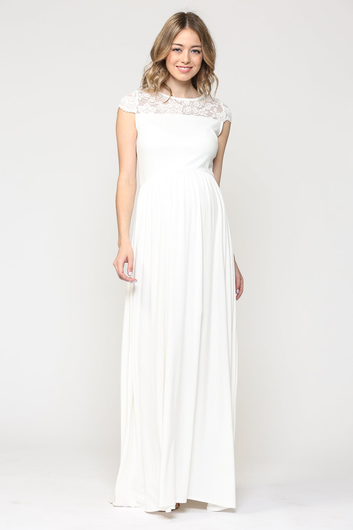 White Lace Yoke and Short Sleeve Maternity Maxi Dress