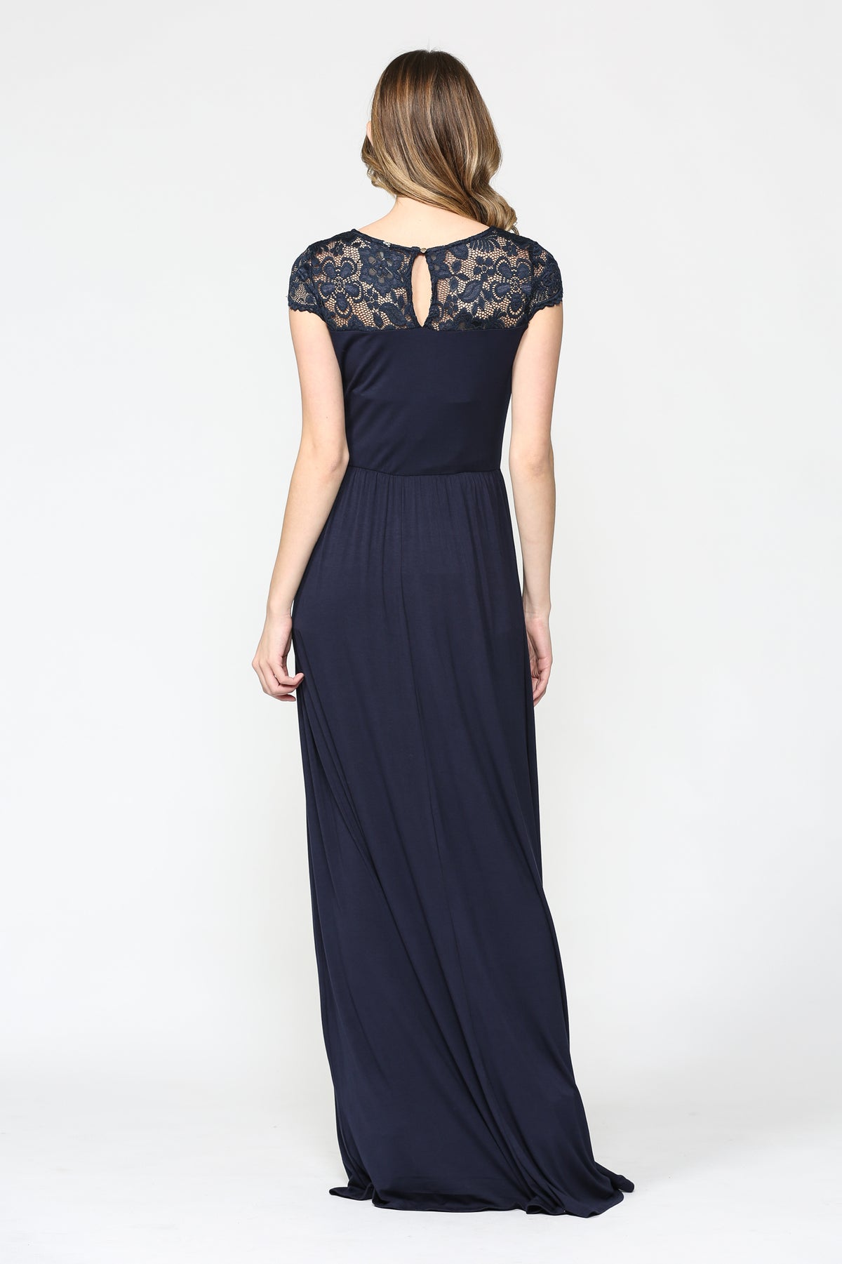 Navy Lace Yoke and Short Sleeve Maternity Maxi Dress