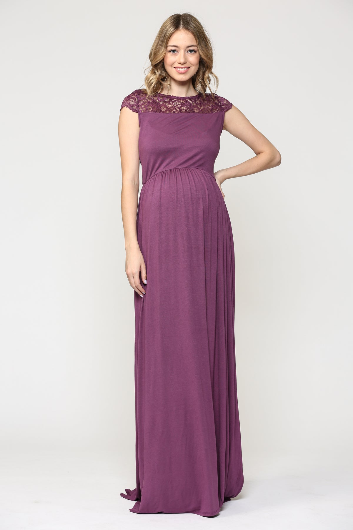 Purple Lace Yoke and Short Sleeve Maternity Maxi Dress