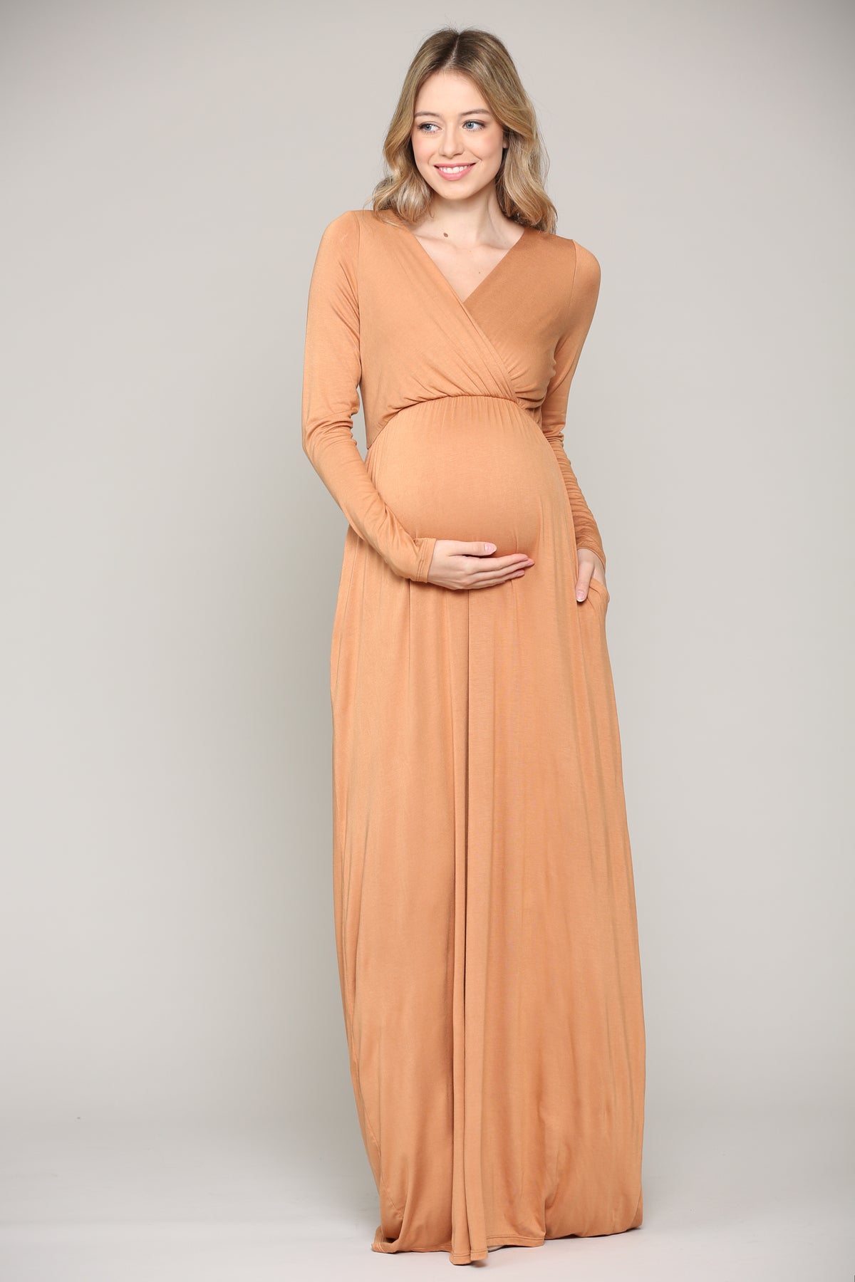 Camel Long Sleeve Maternity/Nursing Maxi Dress