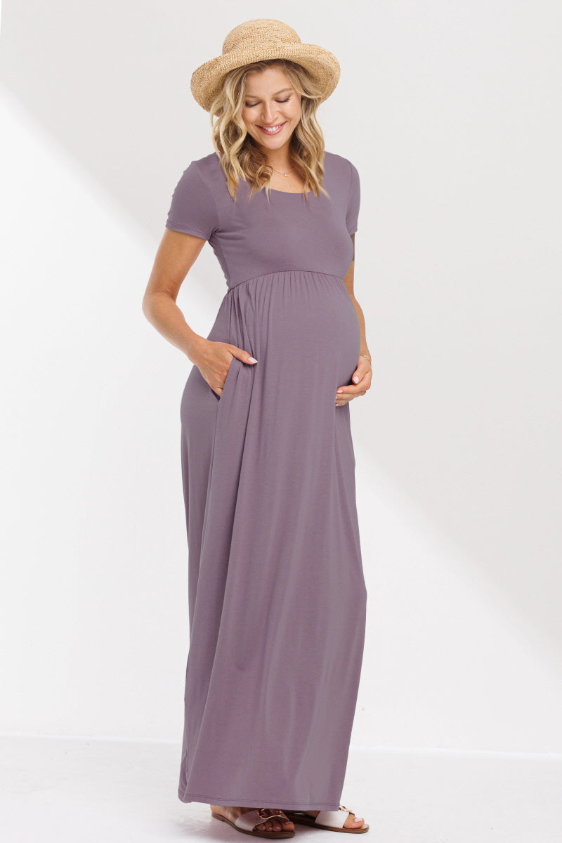 Dusty Lilac Solid Round Neck Maternity Maxi Flared Dress