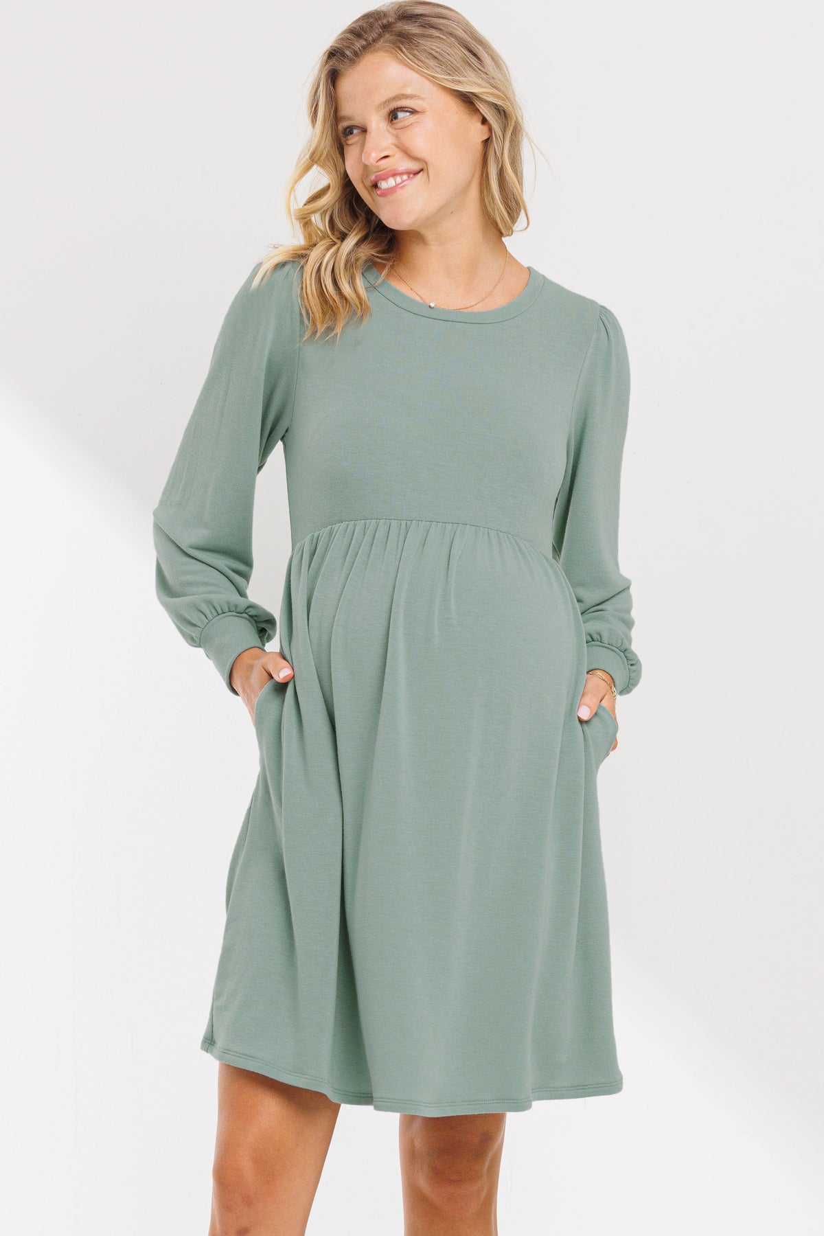 Sage Round Neck Maternity Skater Dress With Pockets