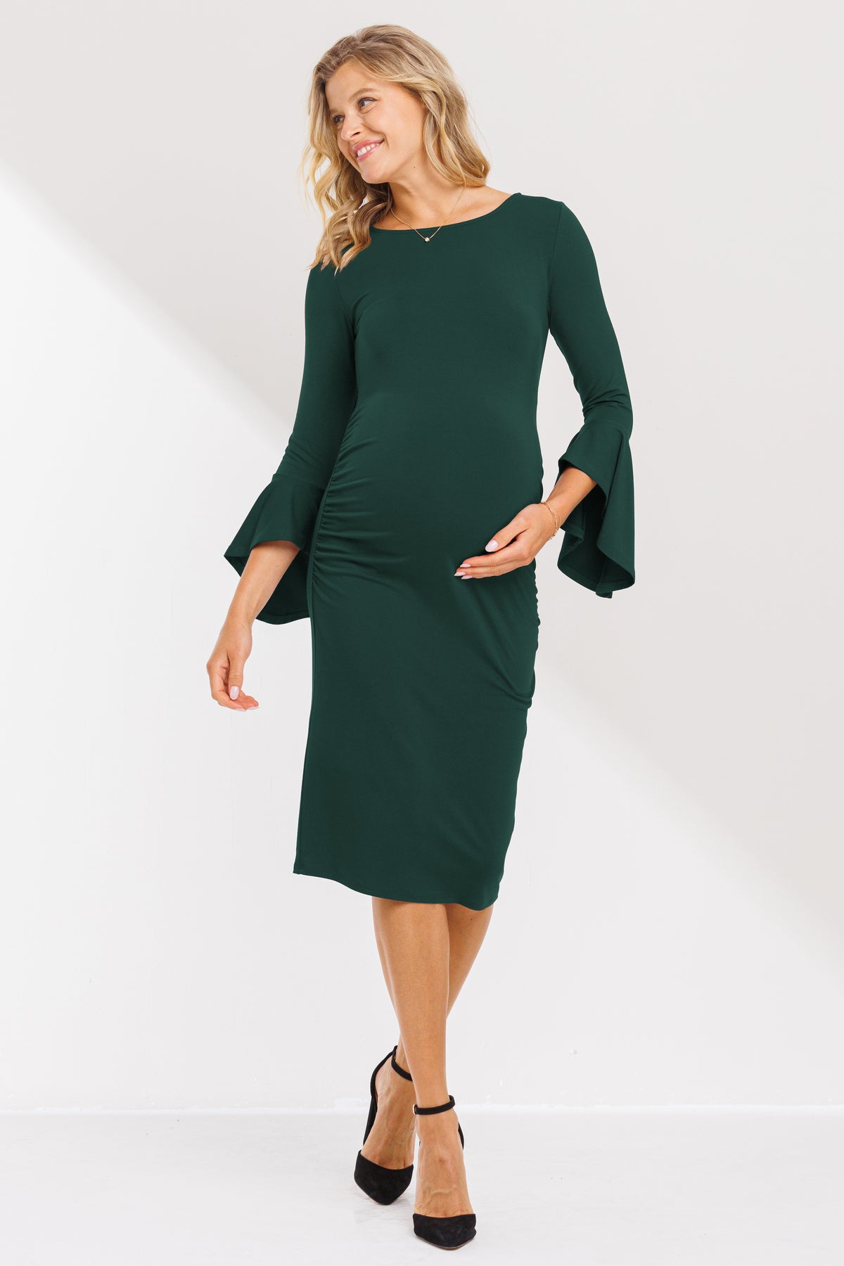 Hunter Green Boat Neck Ruched Side Detail Maternity Dress