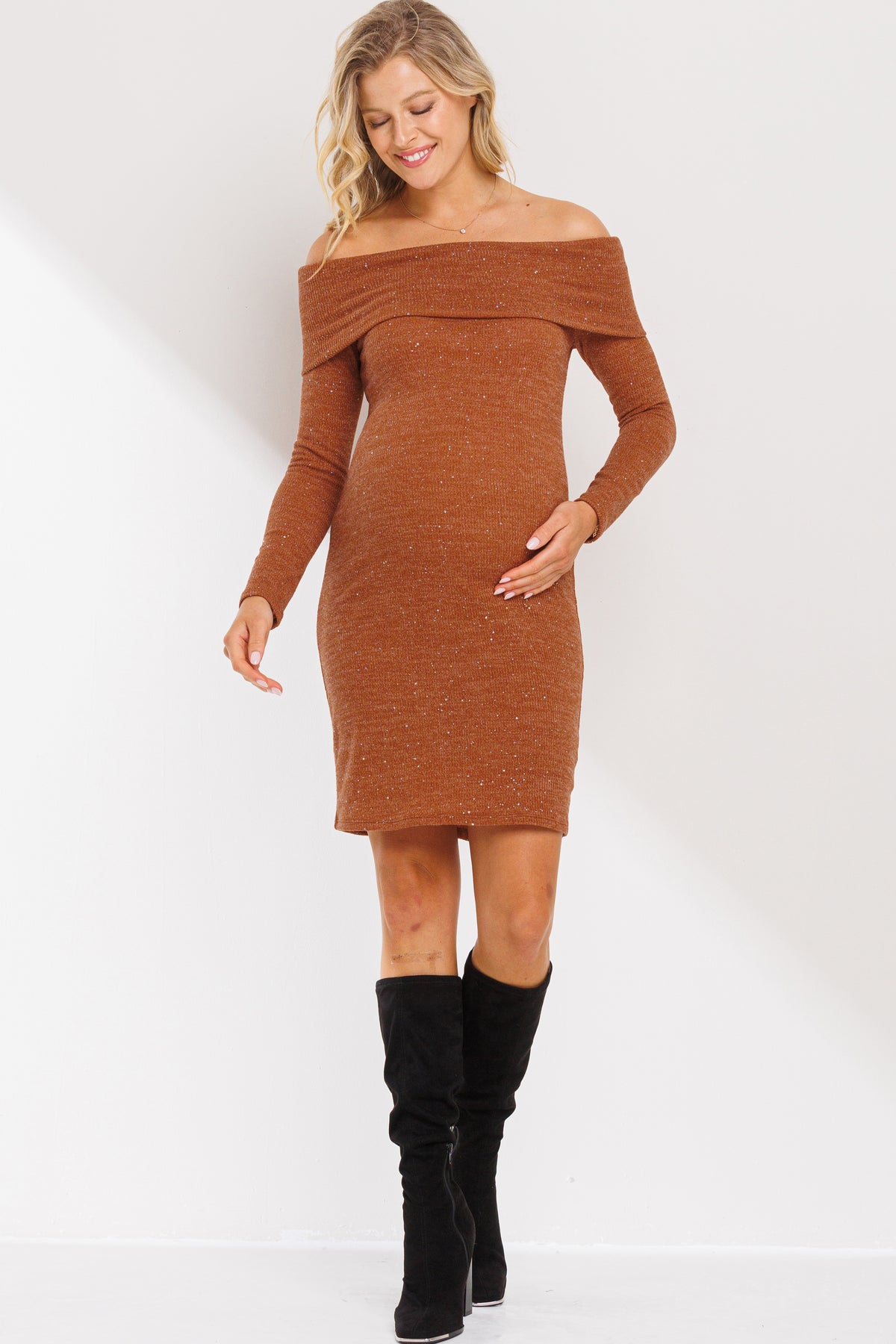 Rust Off Shoulder Sequin-Glitter Maternity Dress