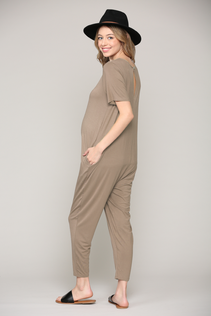 Taupe Solid Modal Keyhole Back Jogger Maternity Jumpsuit
