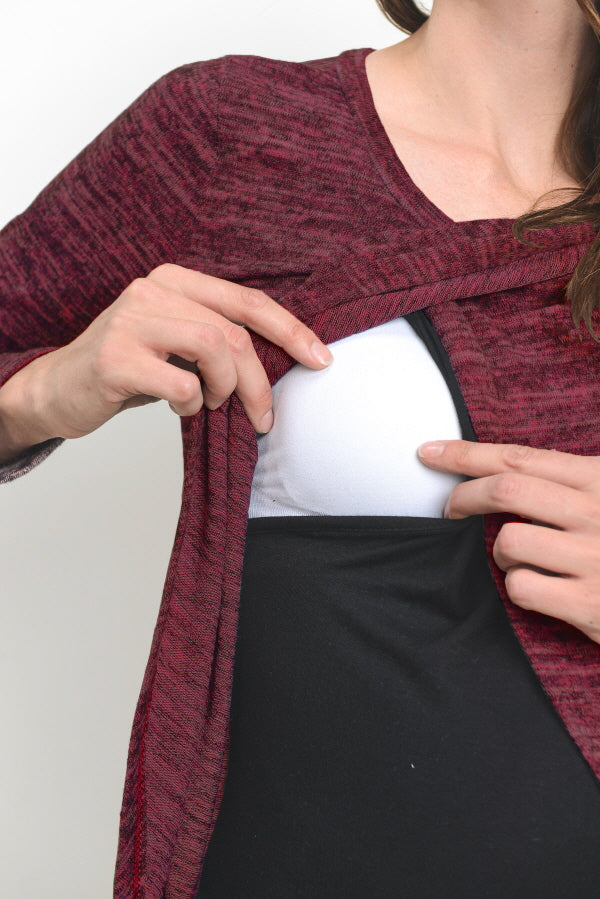 Burgundy/Black Tulip Hem Long Sleeve Maternity & Nursing Top