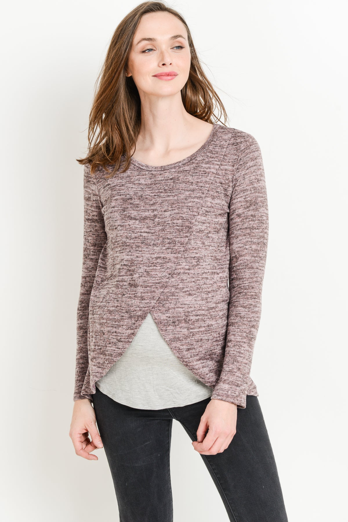 Dusty Rose/Grey Tulip Hem Long Sleeve Maternity & Nursing Top