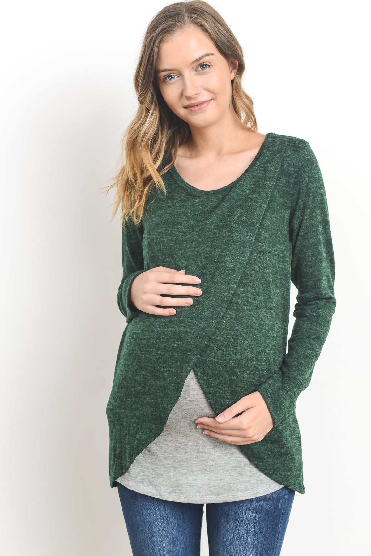 Green/Grey Tulip Hem Long Sleeve Maternity & Nursing Top