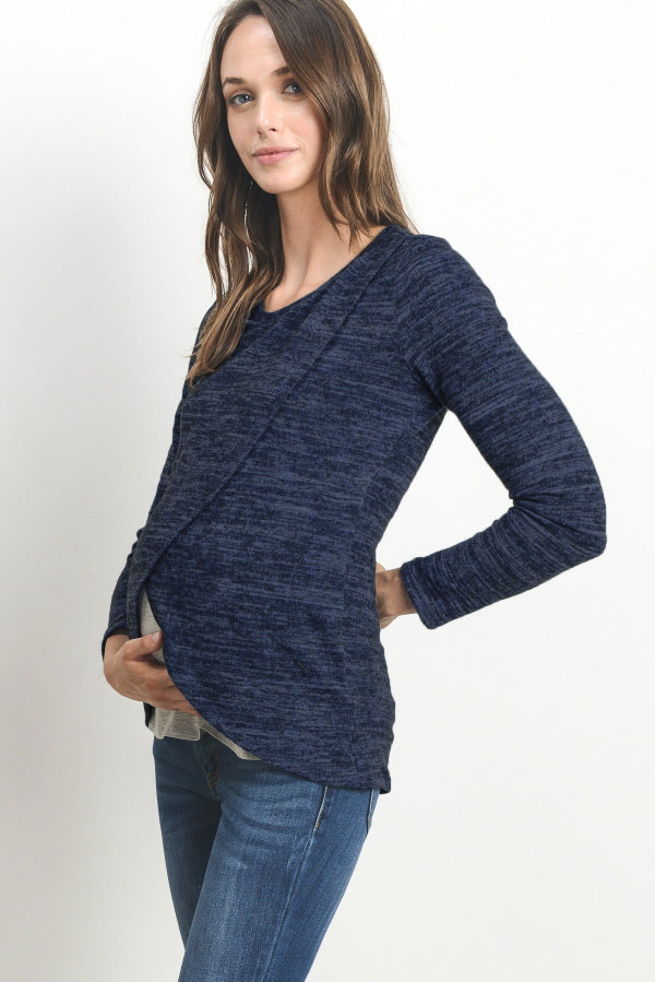 Navy/Grey Tulip Hem Long Sleeve Maternity & Nursing Top