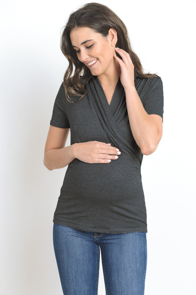 Charcoal Solid Short Sleeve Maternity & Nursing Surplice Top
