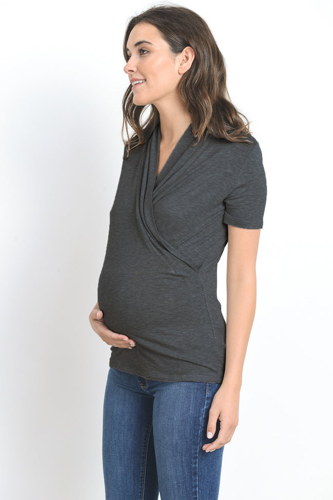 Charcoal Solid Short Sleeve Maternity & Nursing Surplice Top