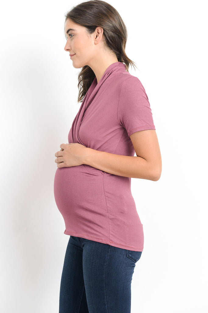 Mauve Solid Short Sleeve Maternity & Nursing Surplice Top