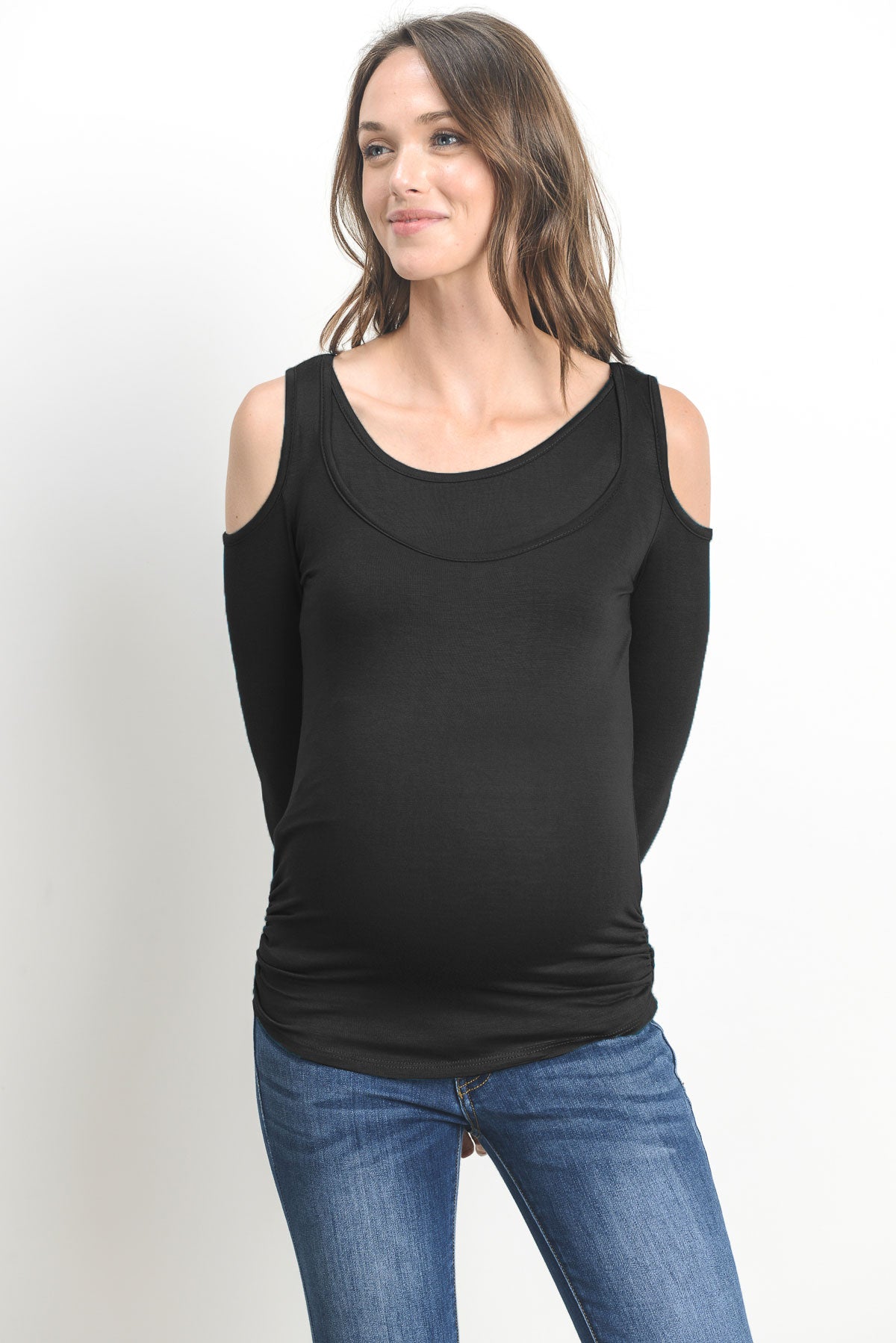 Black Solid Open Cold Shoulder Maternity/Nursing Top