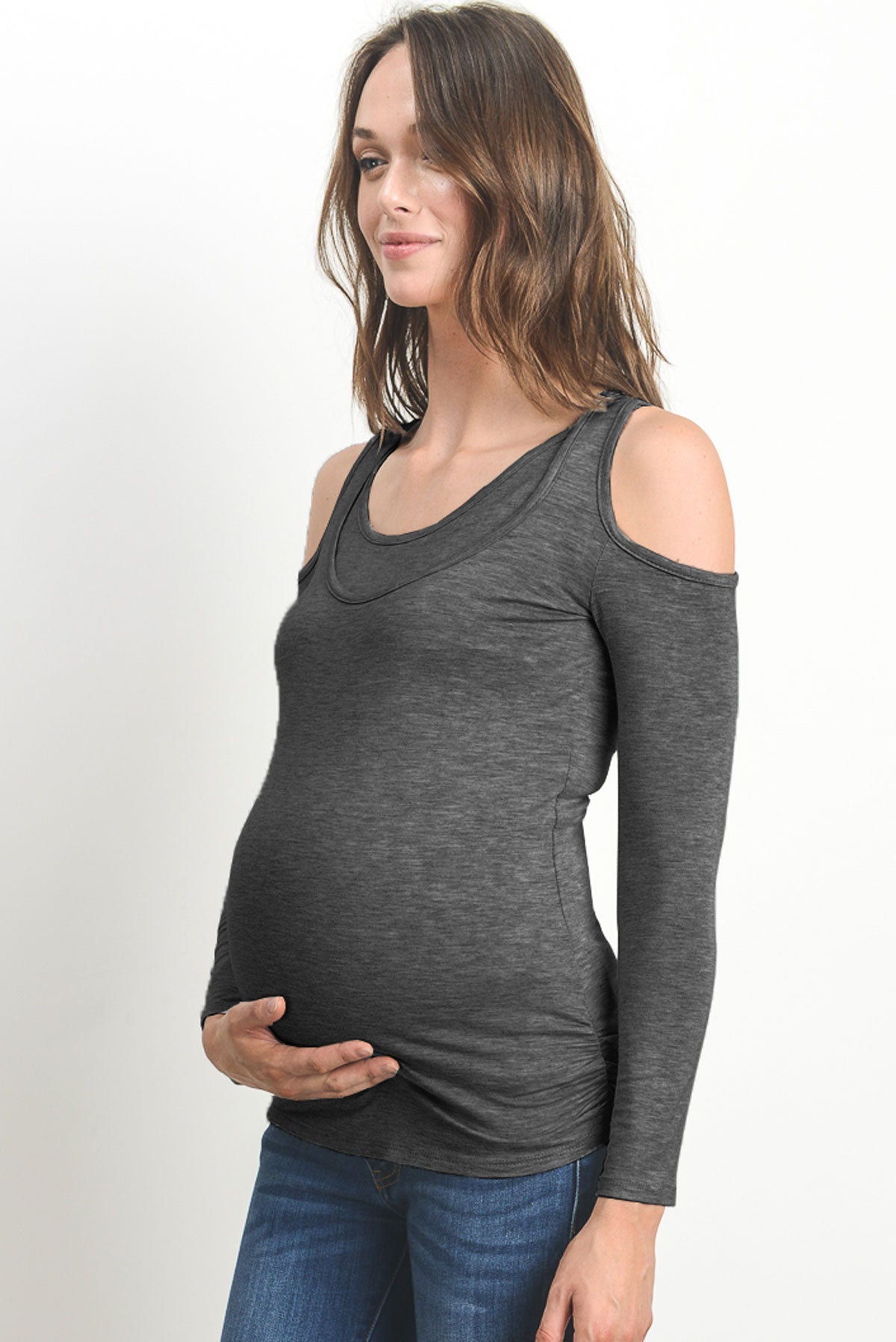 Charcoal Solid Open Cold Shoulder Maternity/Nursing Top