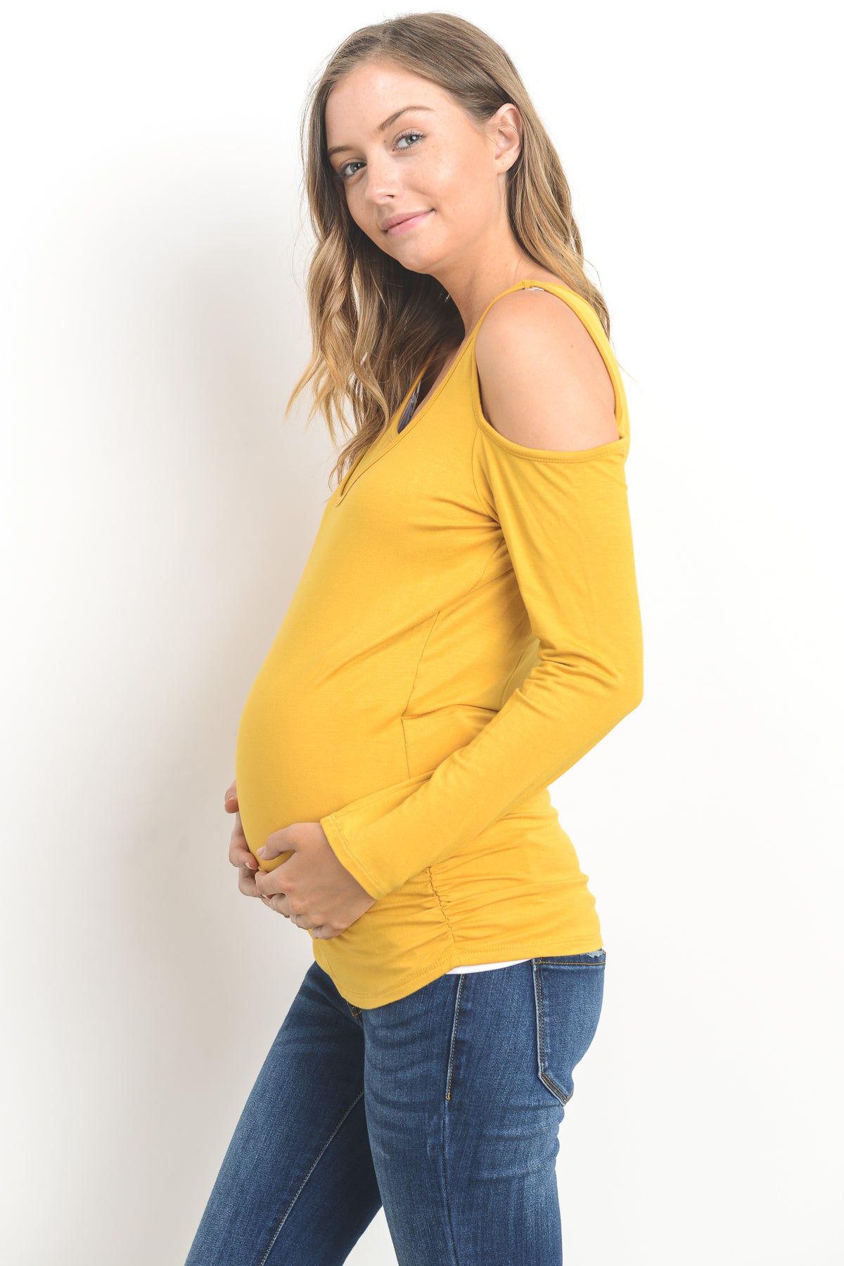 Mustard Solid Open Cold Shoulder Maternity/Nursing Top