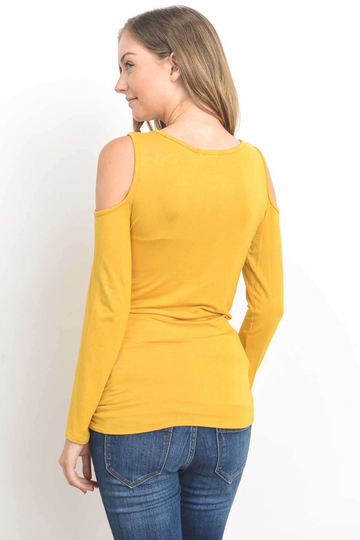 Mustard Solid Open Cold Shoulder Maternity/Nursing Top