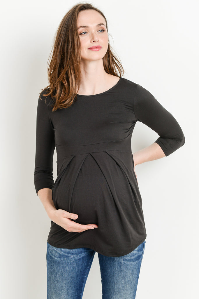 Black Front Pleat Round Neck Maternity Top Front