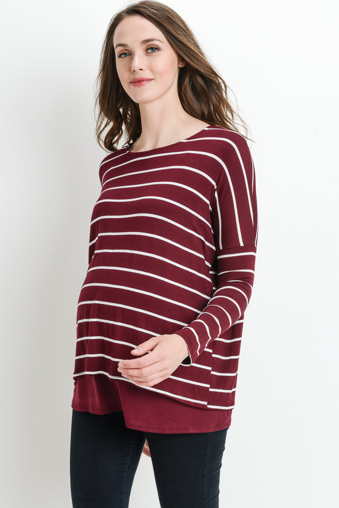 Burgundy Stripe Long Sleeve Double Layer Nursing/Maternity Top