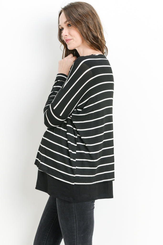 Black Stripe Long Sleeve Double Layer Nursing/Maternity Top