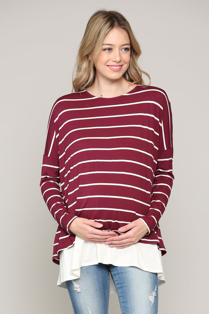 Burgundy/Ivory Stripe Long Sleeve Double Layer Nursing/Maternity Top