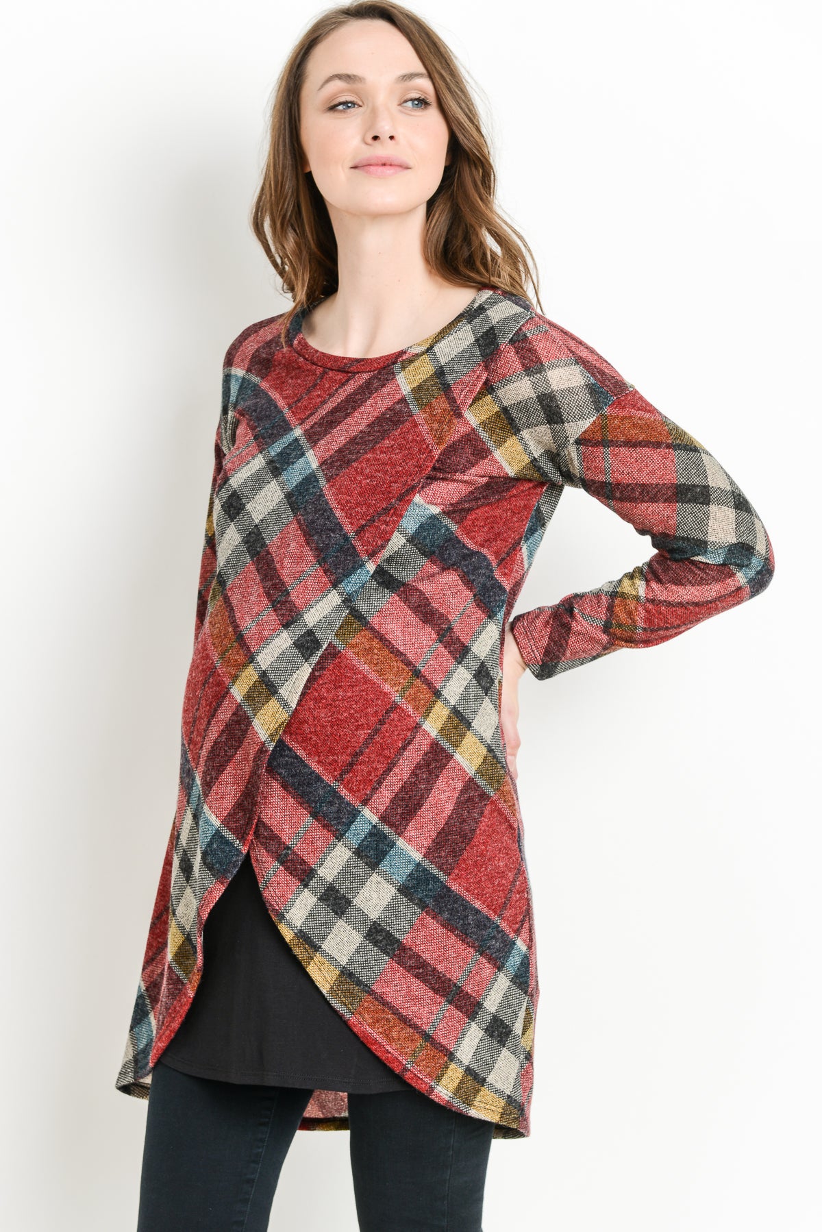 Burgundy Plaid Knit Maternity & Nursing Sweater Tunic