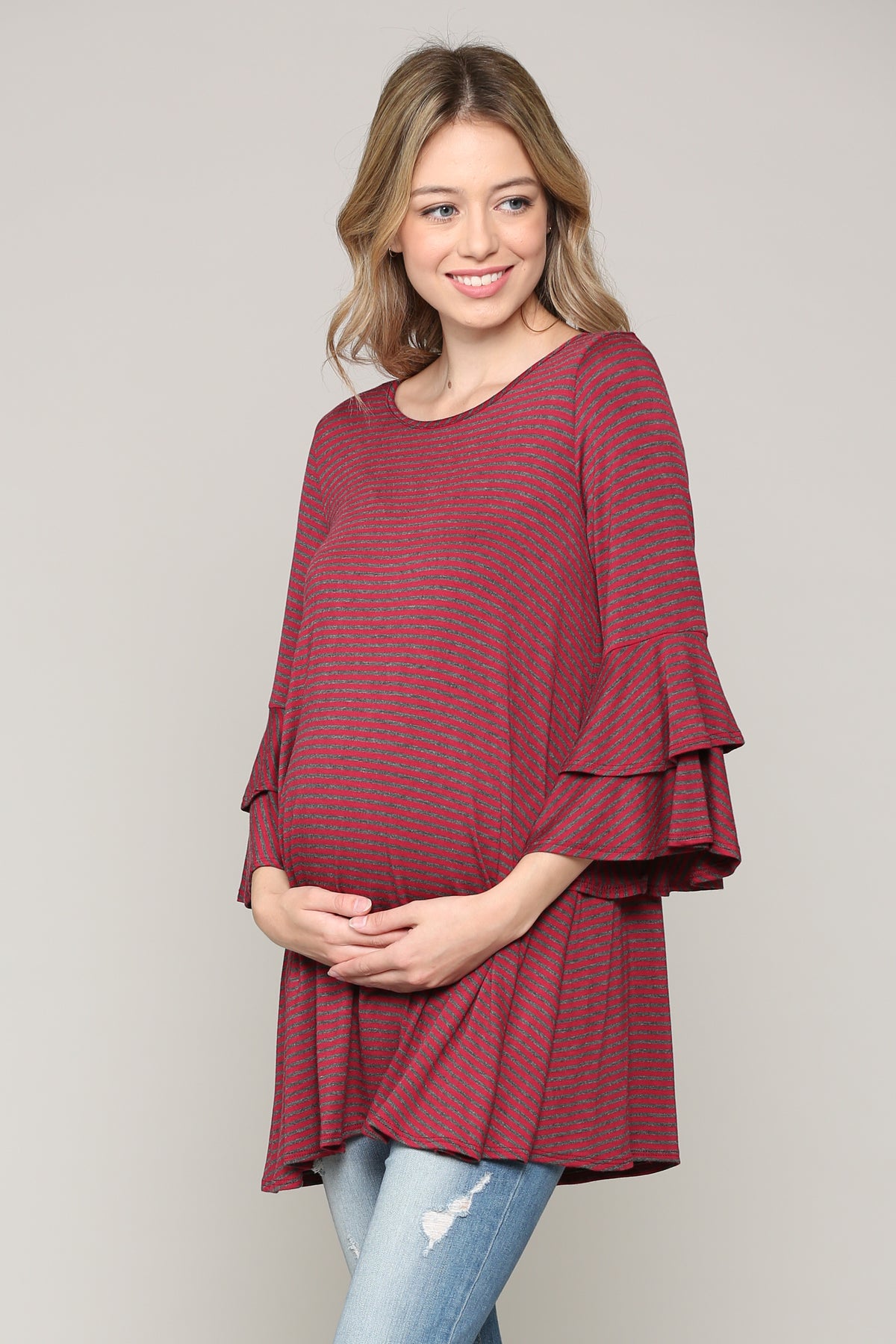 Burgundy/Charcoal Double Ruffled Sleeve Maternity Top