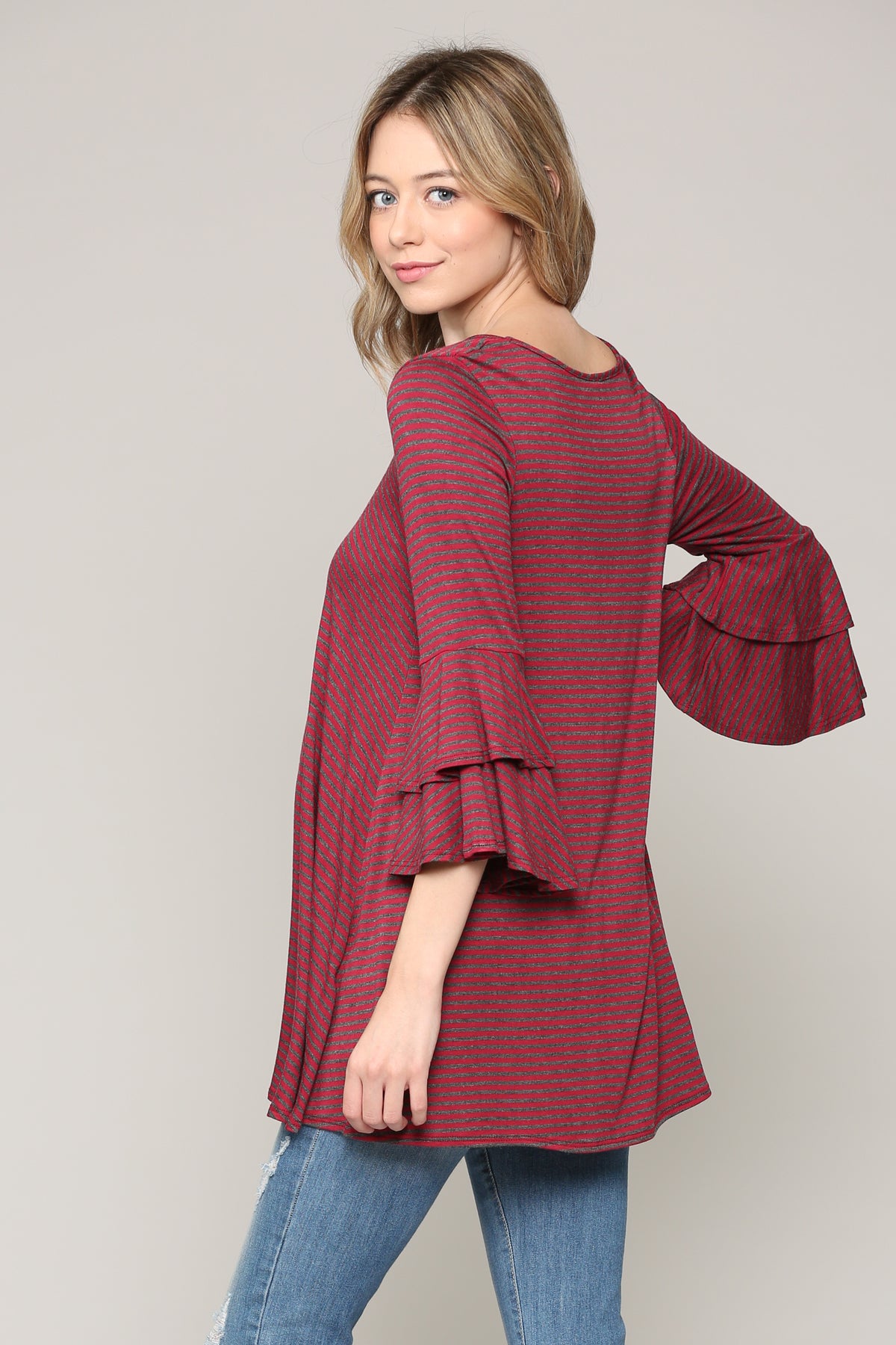 Burgundy/Charcoal Double Ruffled Sleeve Maternity Top