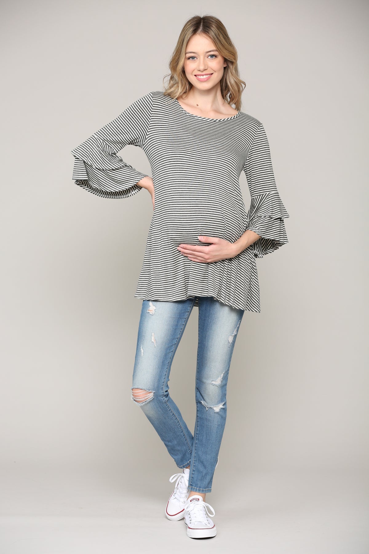 Charcoal/Ivory Double Ruffled Sleeve Maternity Top