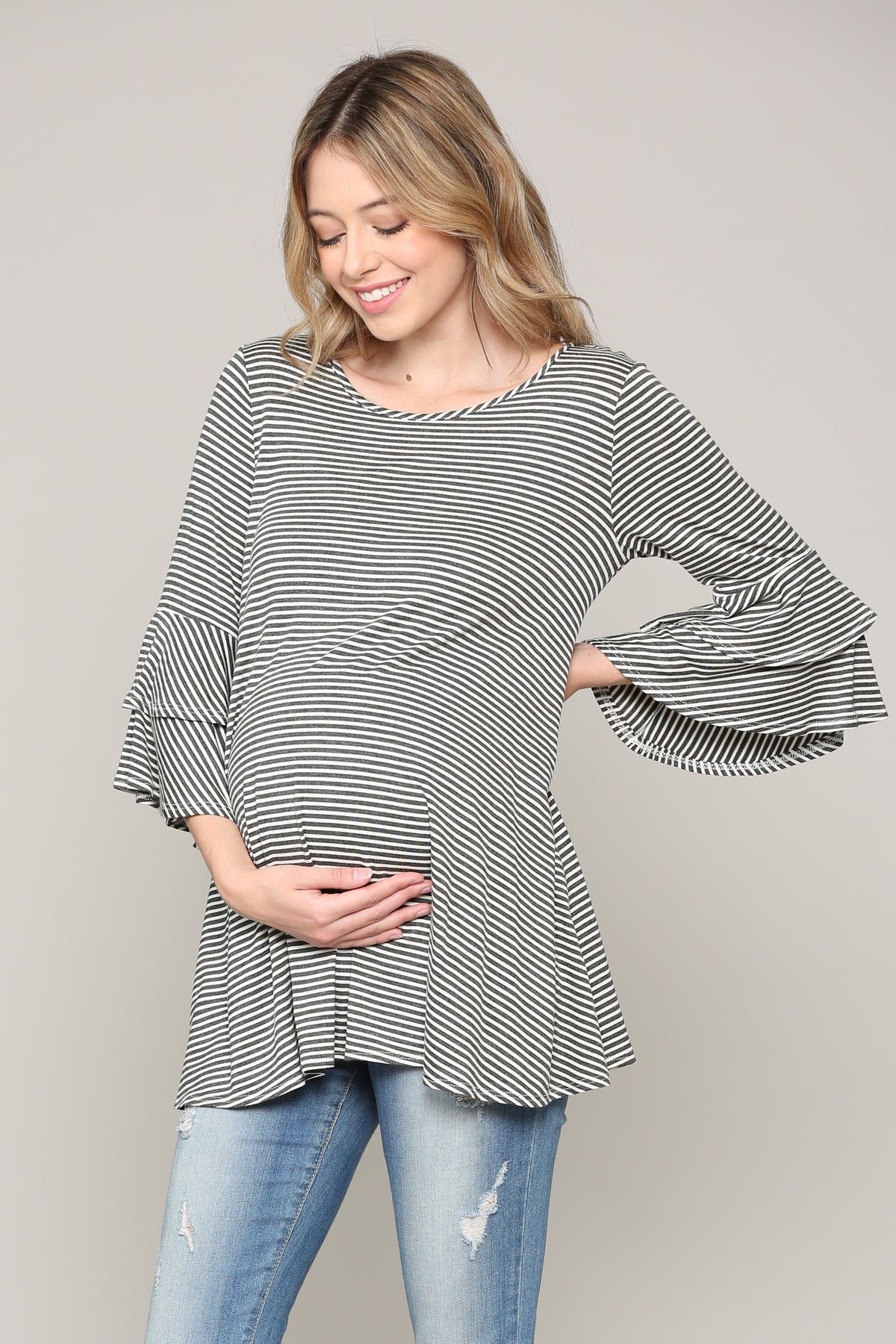 Charcoal/Ivory Double Ruffled Sleeve Maternity Top