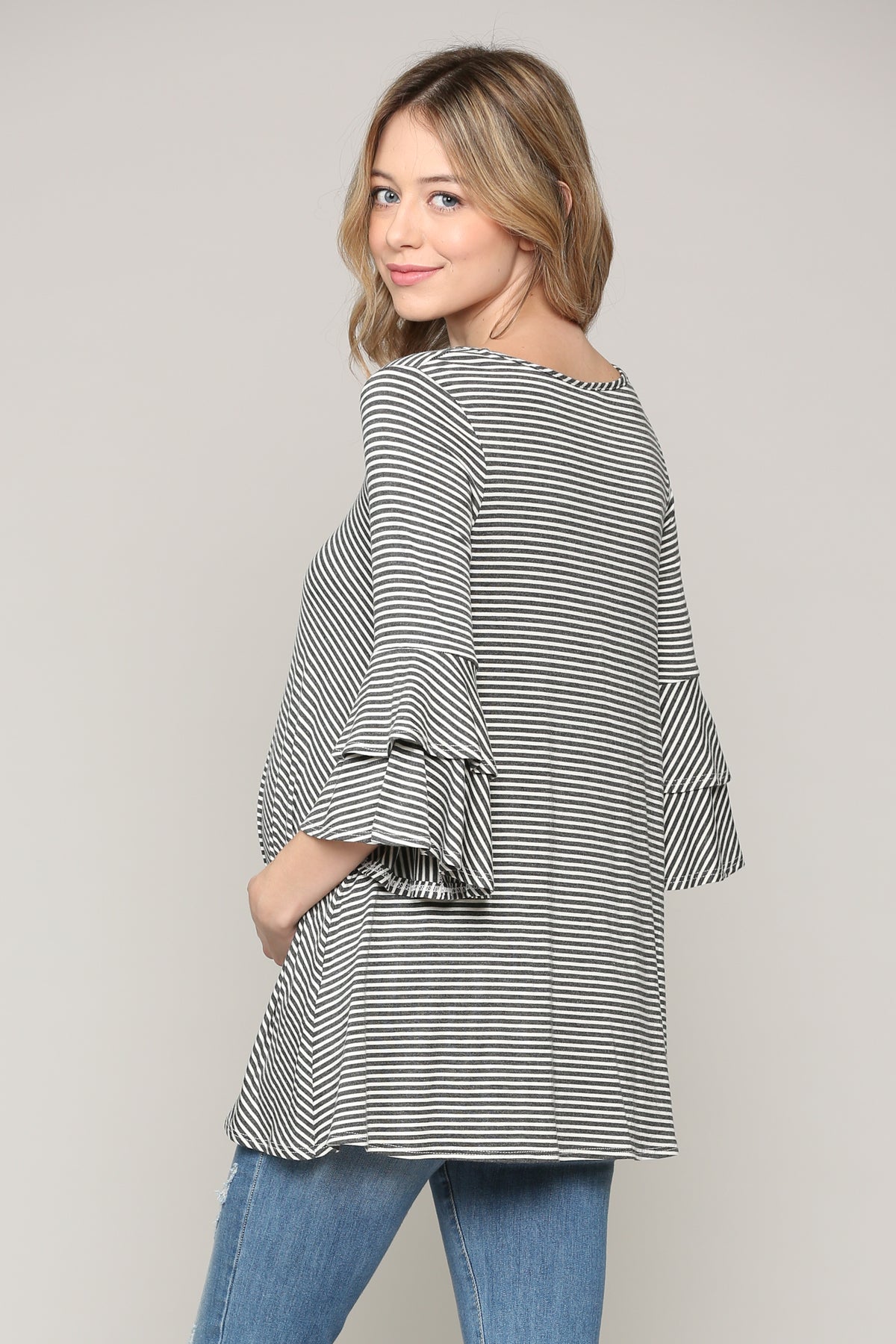 Charcoal/Ivory Double Ruffled Sleeve Maternity Top