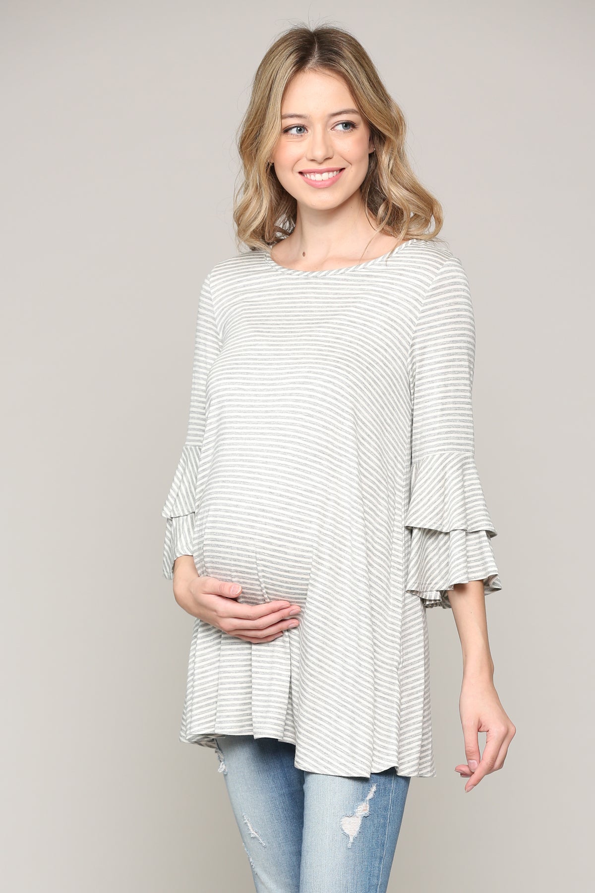 Grey/Ivory Double Ruffled Sleeve Maternity Top