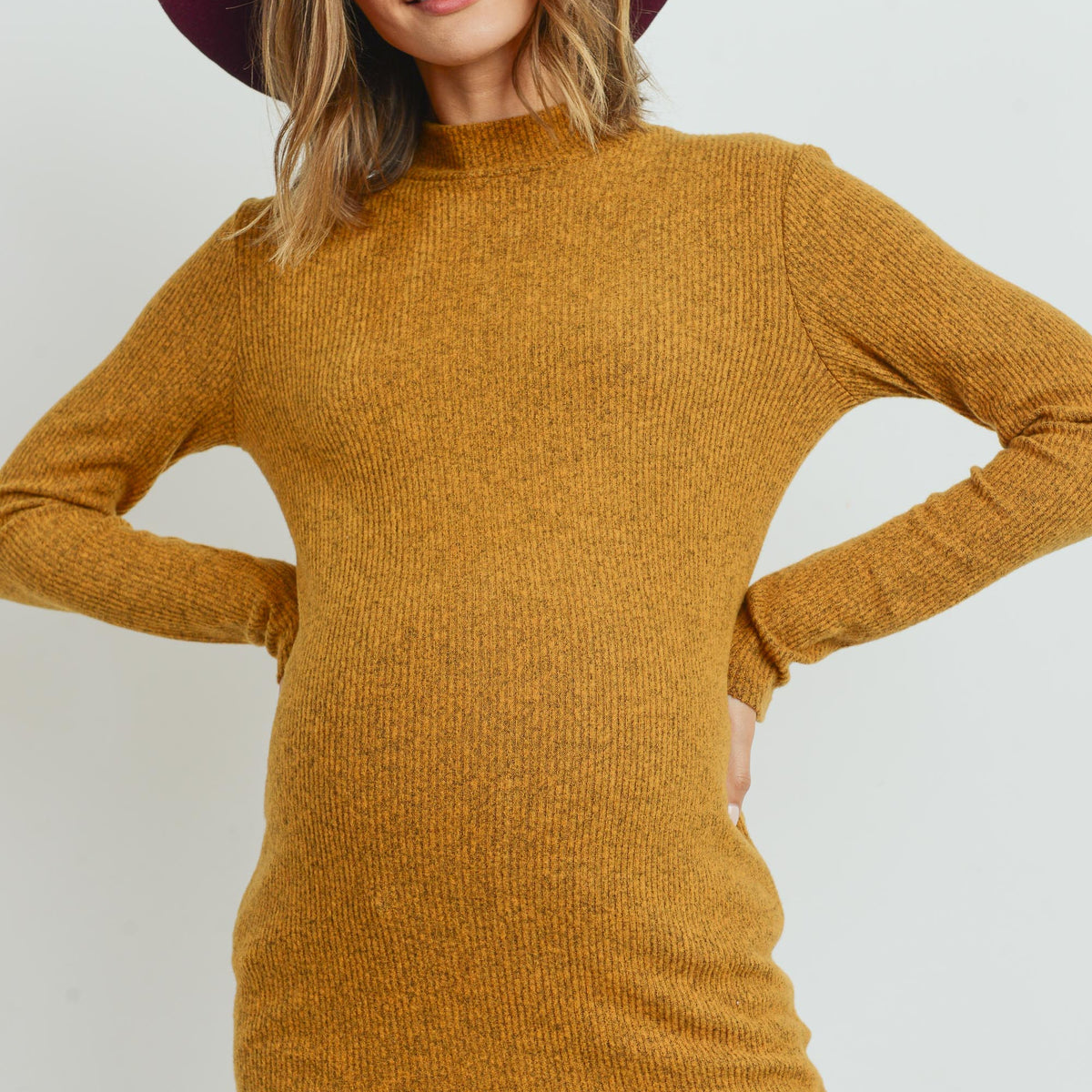 Mustard Rib Knit Mock Neck Maternity Top