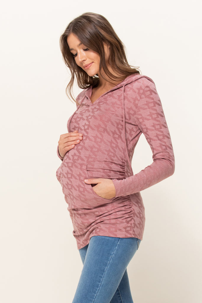 Mauve V-Neck Maternity Pullover Hoodie