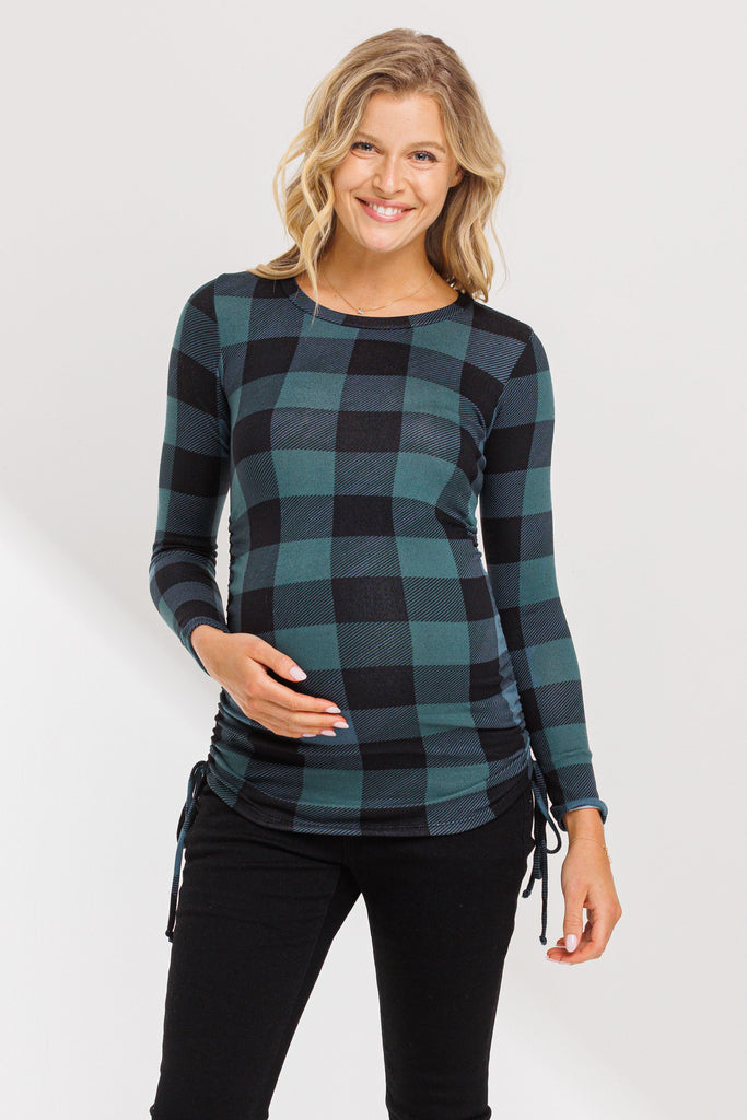 Teal Plaid Long Sleeve Adjustable Ruching Maternity Top