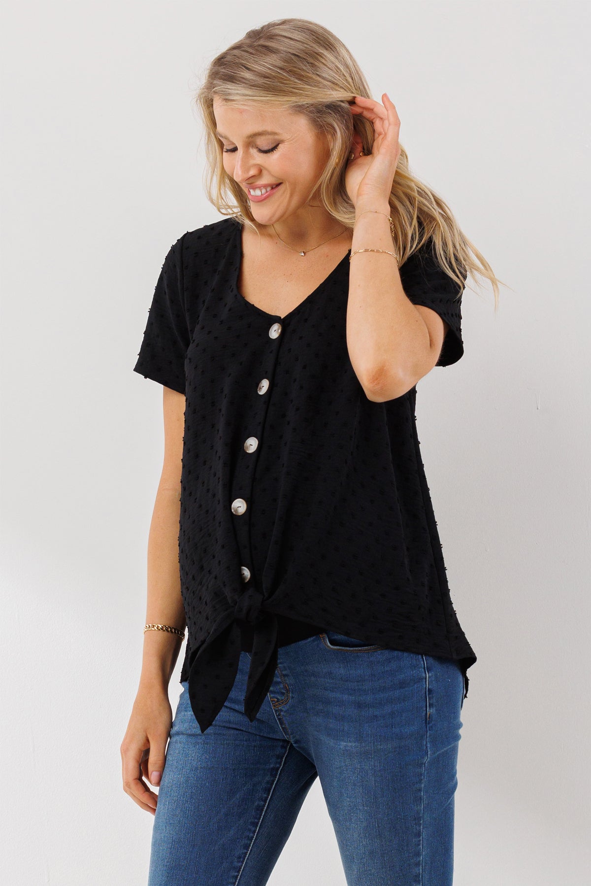 Black Swiss Dot Button Down Maternity & Nursing Shirt