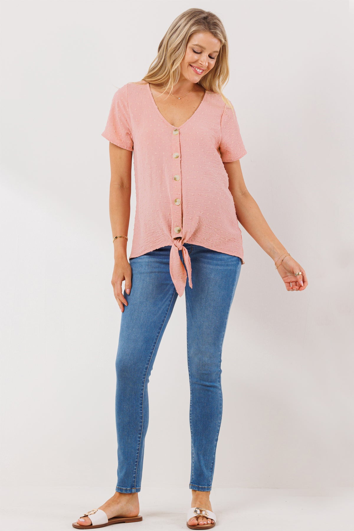 Pink Swiss Dot Button Down Maternity & Nursing Shirt