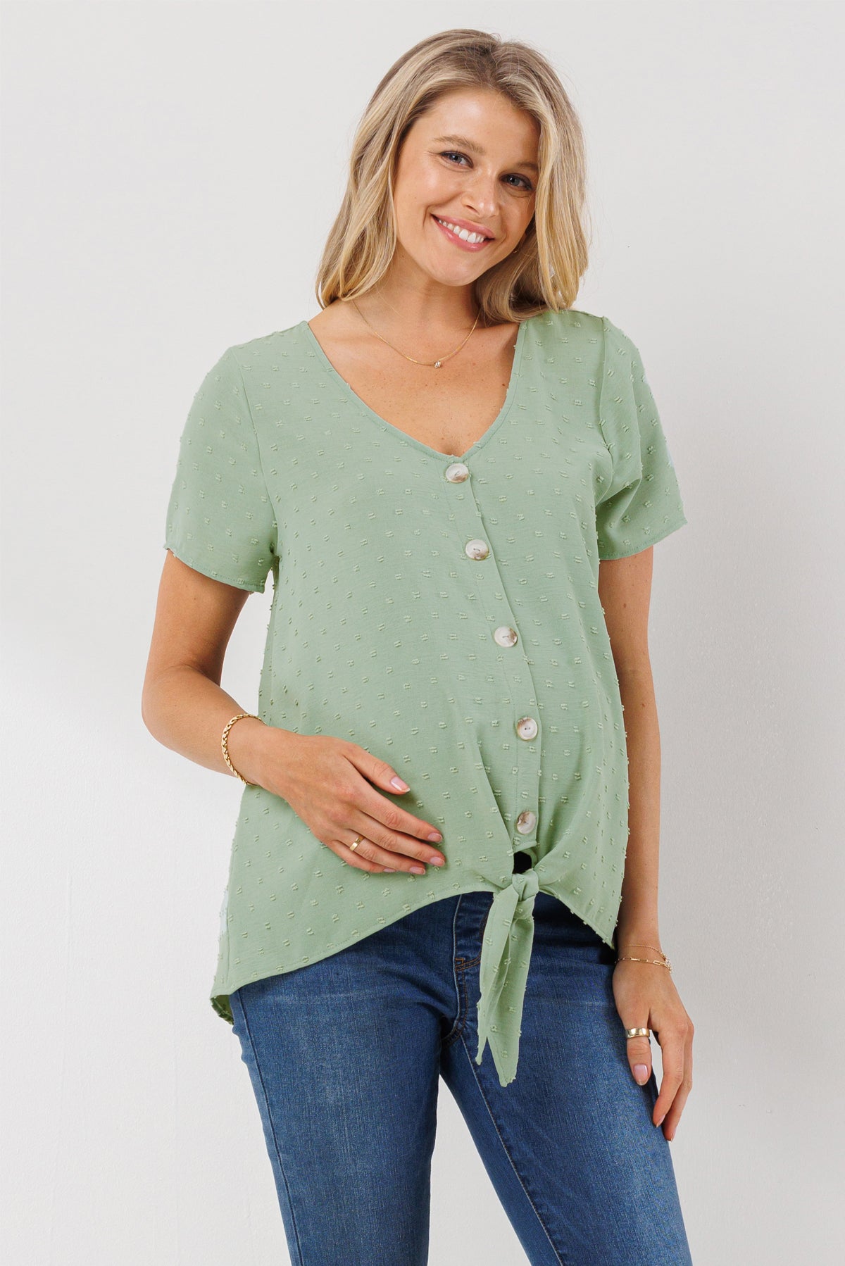 Sage Swiss Dot Button Down Maternity & Nursing Shirt