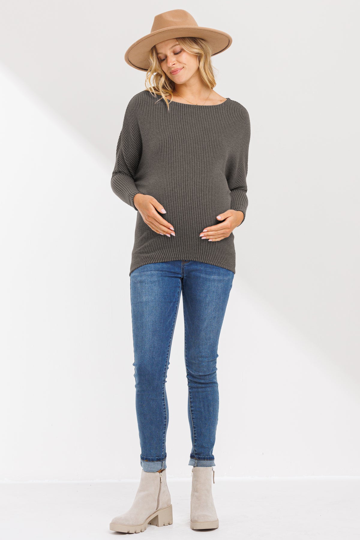 Mocha Rib Knit Boat Neck Dropped Shoulder Long Sleeve Maternity Top