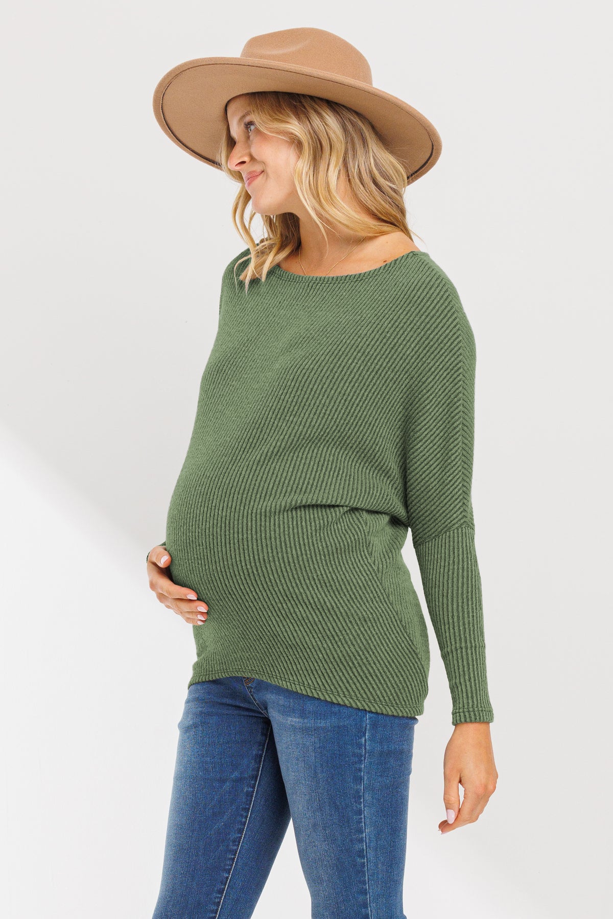Olive Rib Knit Boat Neck Dropped Shoulder Long Sleeve Maternity Top